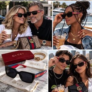 New Authentic Gucci Sunglasses Black Thick Frame Red Blue Stripe Temples COA